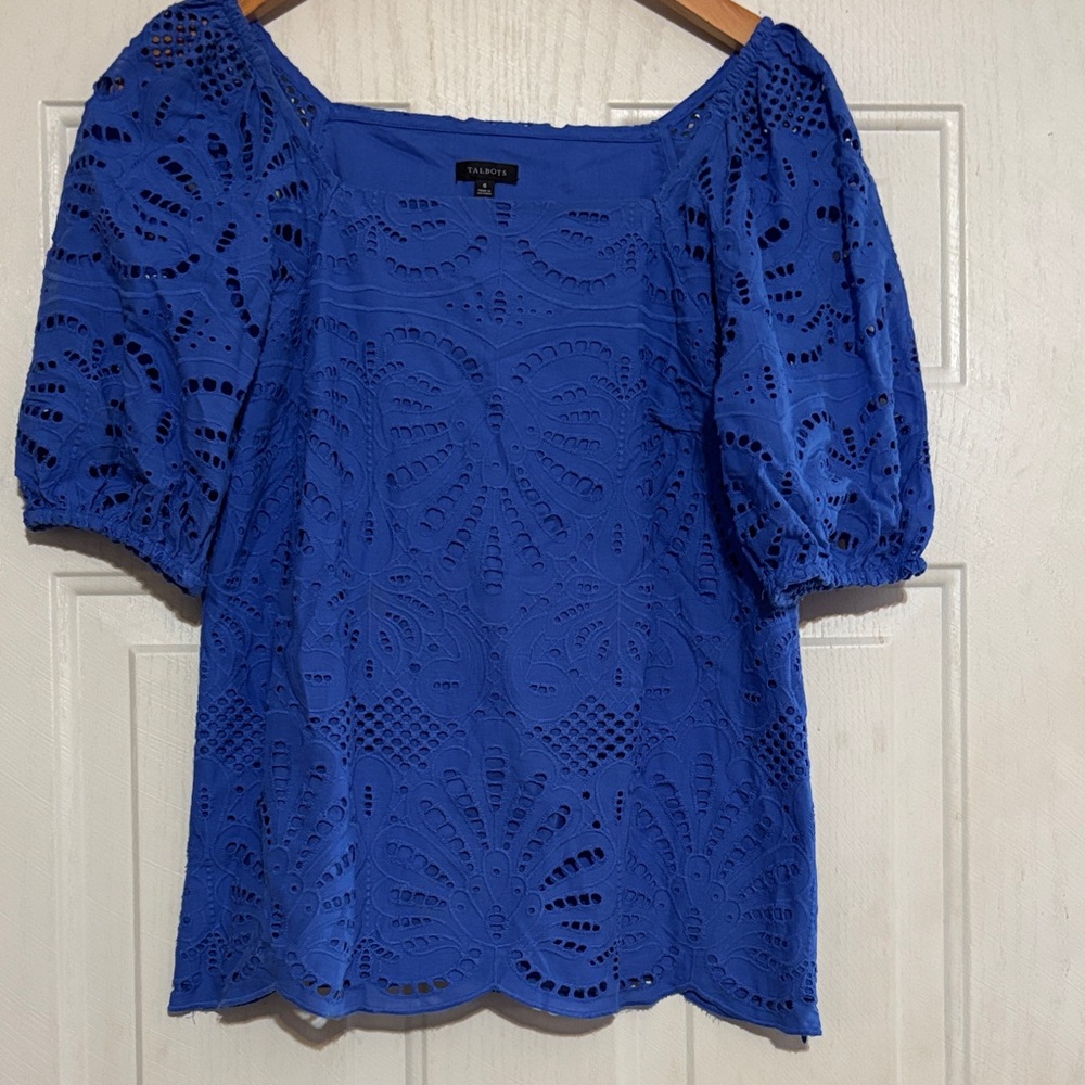 Talbots Royal Blue Eyelet Blouse with Puff Sleeves